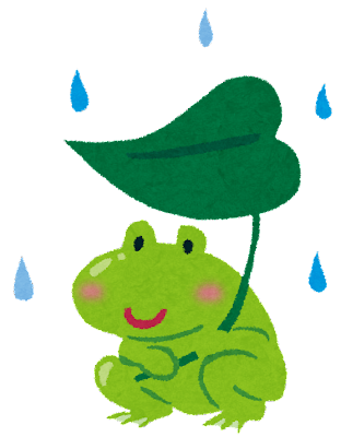 カエルが葉っぱを持って雨を凌いでいる