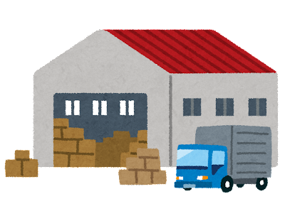 赤い屋根の倉庫と配送トラック