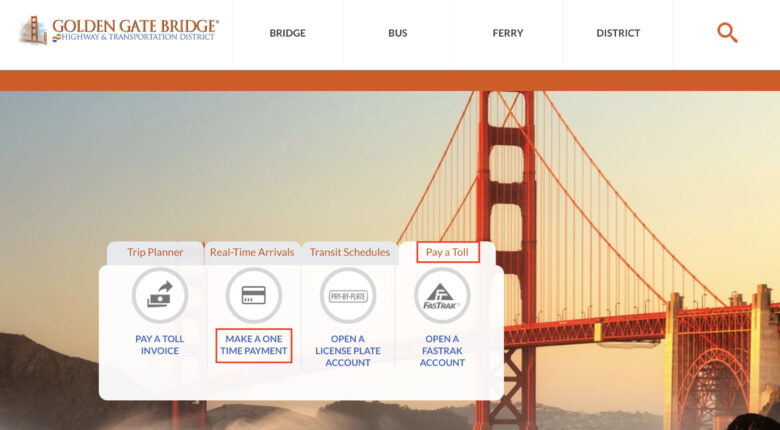 ゴールデンゲートブリッジの料金を払うためのウェブサイト一画面